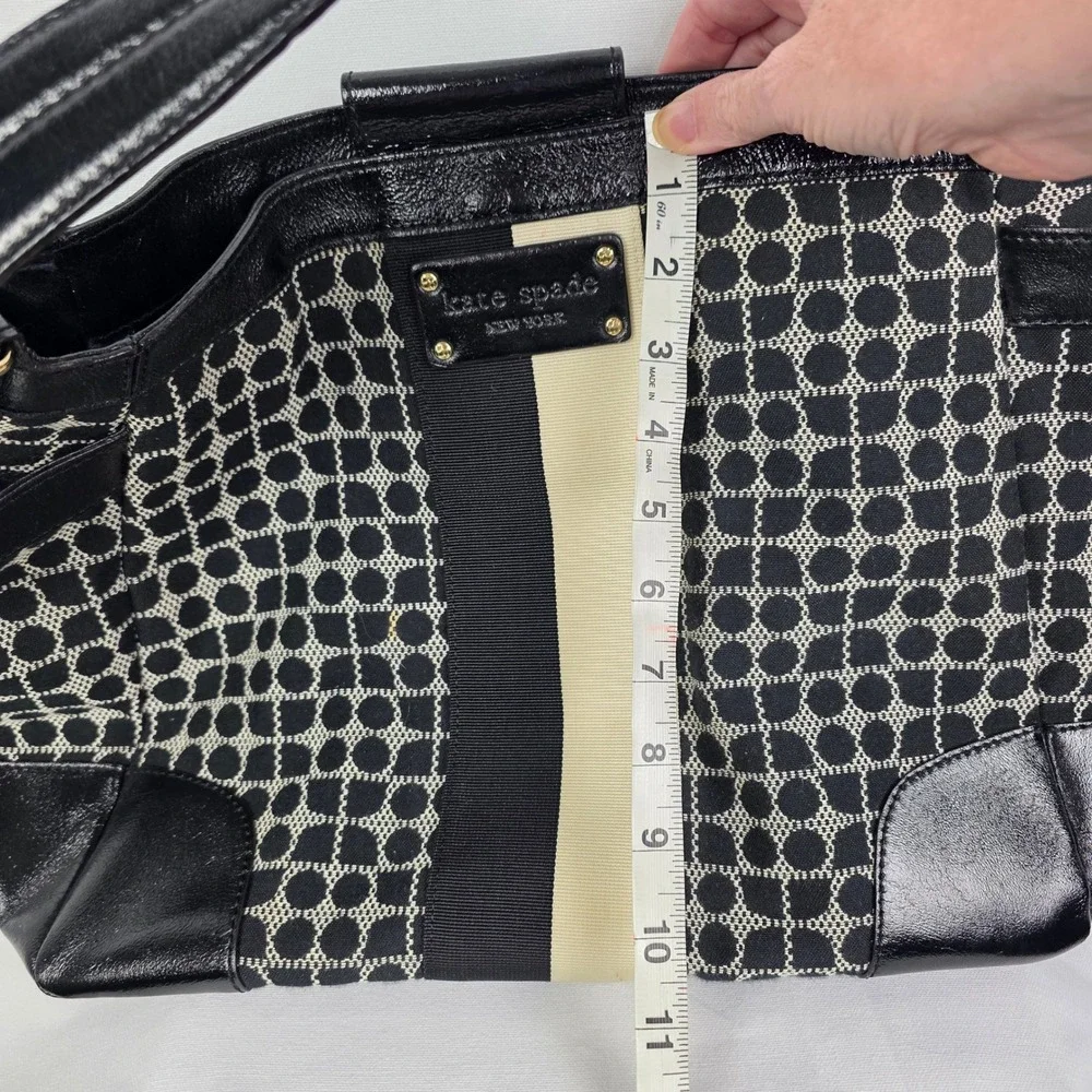 Kate Spade Black Cream‎ Spade Dot Jacquard Stripe Leather Trim Shoulder Bag Tote